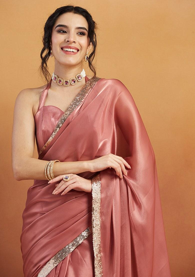 Pink Embroidered Velvet Saree Set