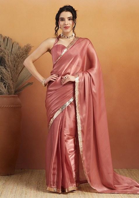Pink Embroidered Velvet Saree Set