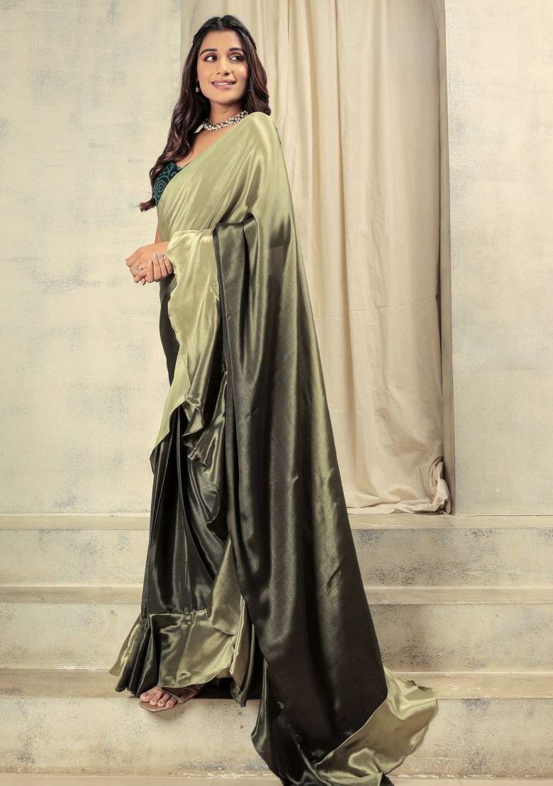 Green Printed Satin Saree Set - Indya