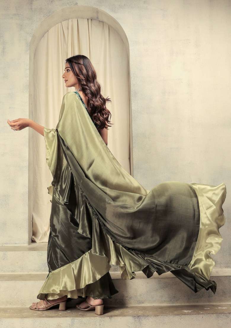 Green Printed Satin Saree Set - Indya