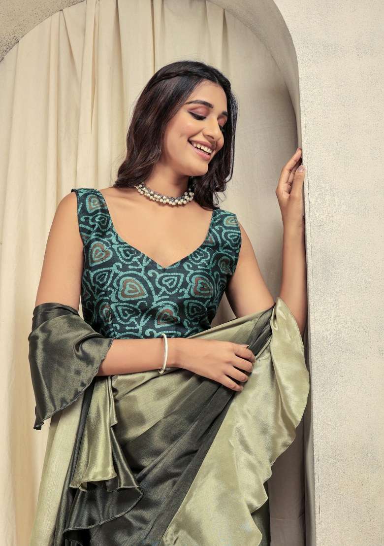 Green Printed Satin Saree Set - Indya