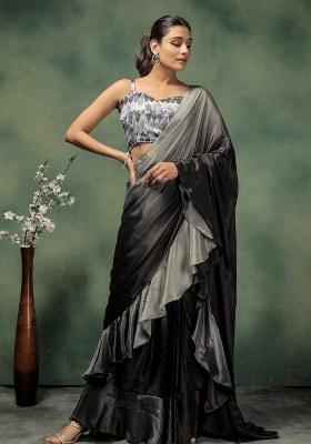 Grey Printed Satin Saree Set