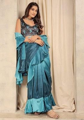 Blue Printed Satin Saree Set