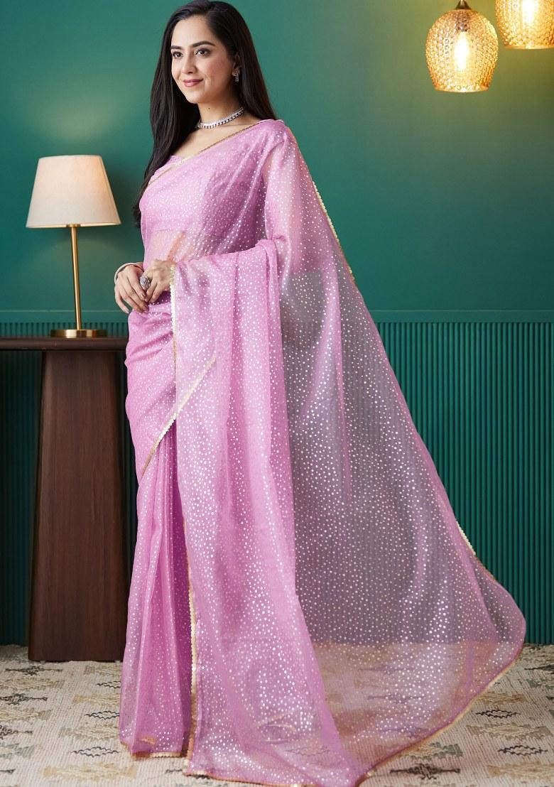 Purple Printed Organza Saree Set