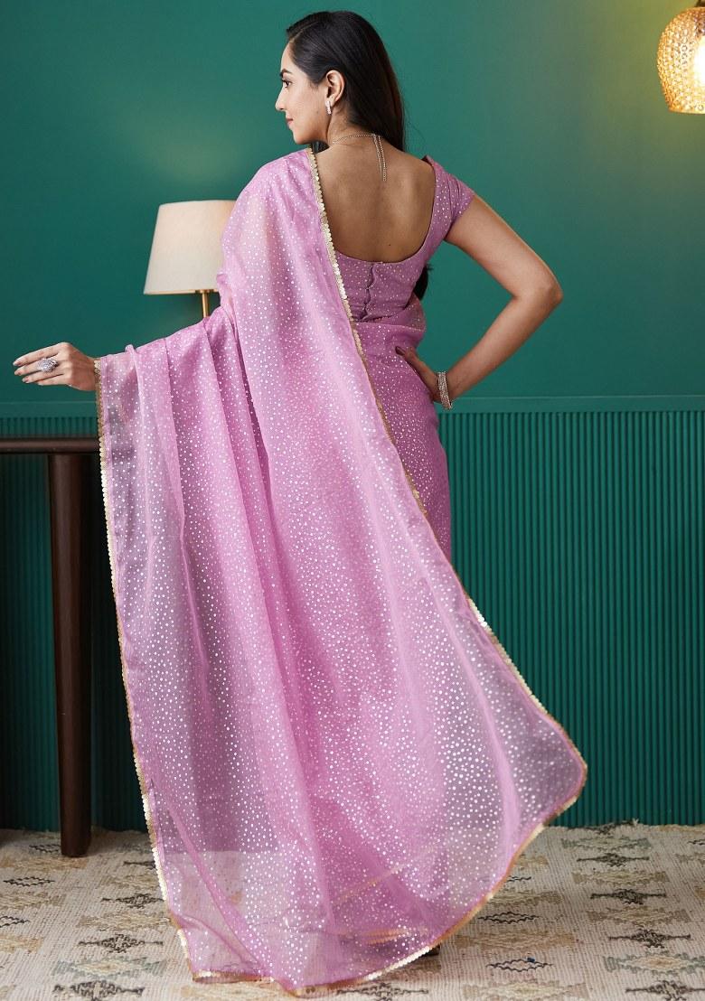 Purple Printed Organza Saree Set