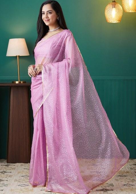 Purple Printed Organza Saree Set