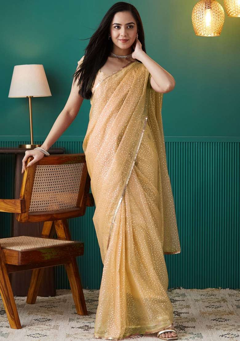 Yellow Printed Organza Saree Set - Indya