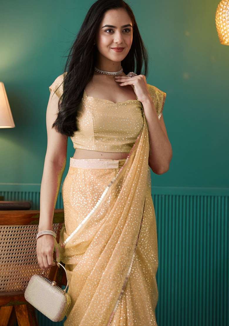 Yellow Printed Organza Saree Set - Indya