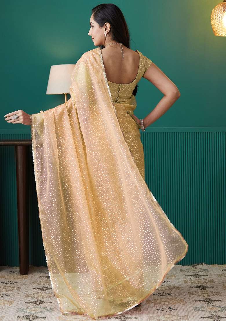 Yellow Printed Organza Saree Set - Indya