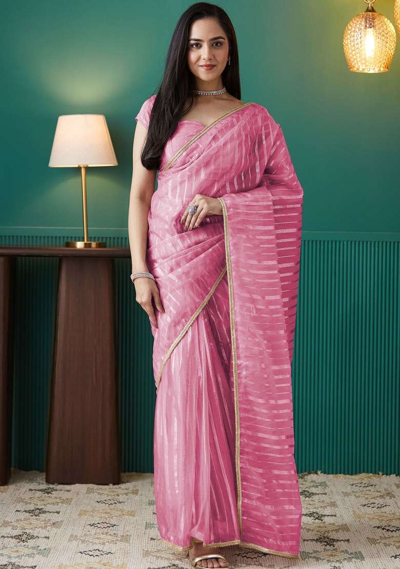 Pink Embroidered Organza Saree Set - Indya