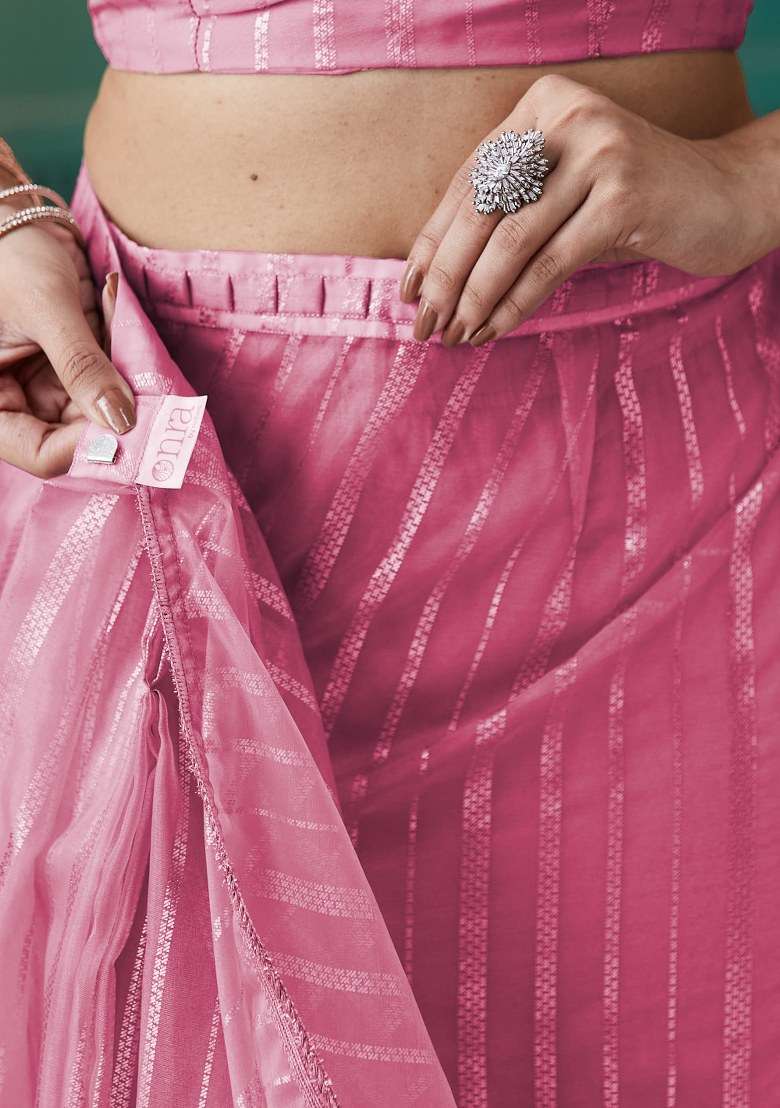 Pink Embroidered Organza Saree Set - Indya