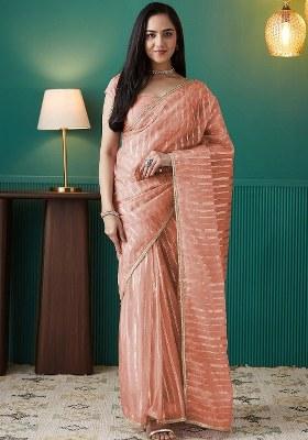 Peach Embroidered Organza Saree Set