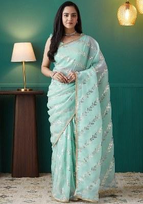 Green Printed Organza Saree Set