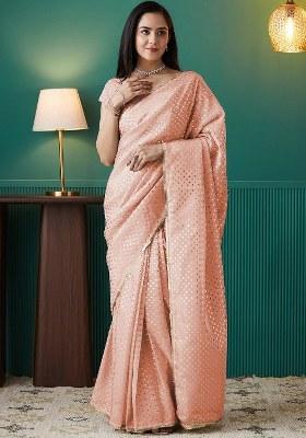 Peach Printed Organza Saree Set