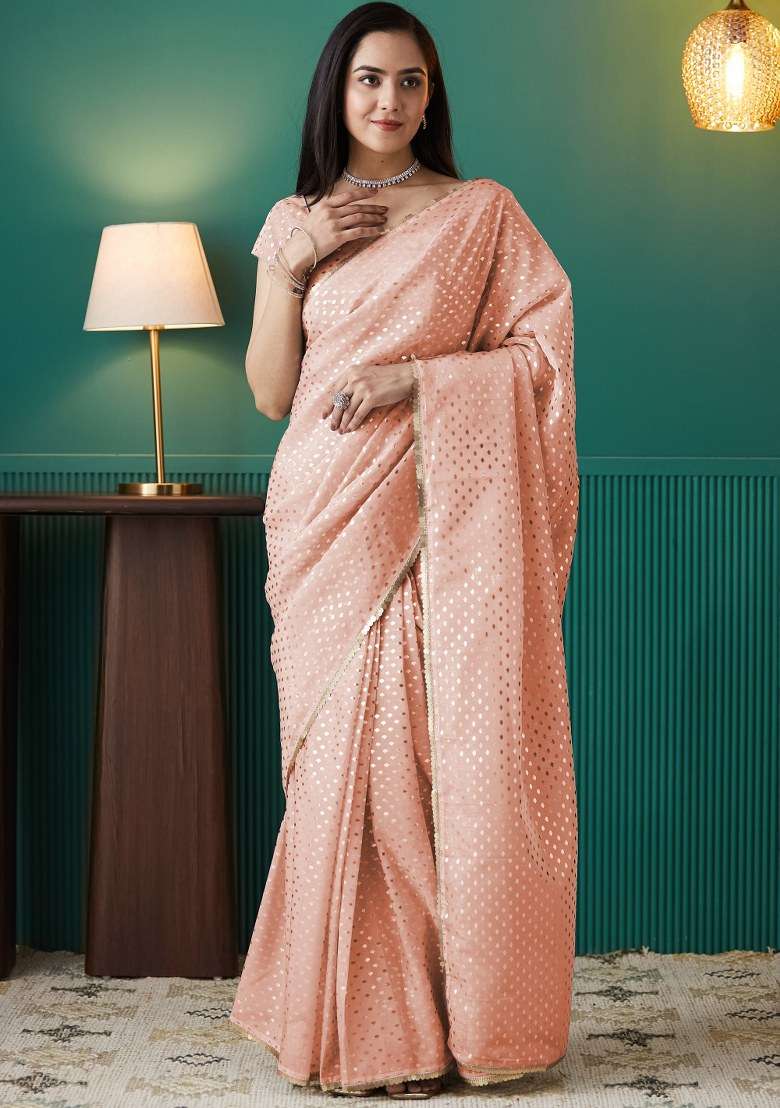 Peach Printed Organza Saree Set - Indya