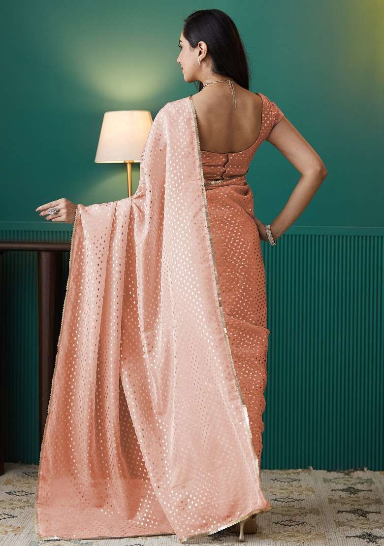 Peach Printed Organza Saree Set - Indya