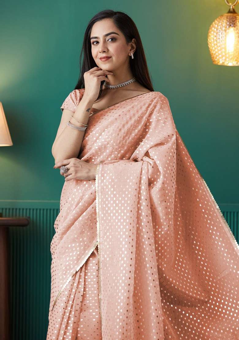 Peach Printed Organza Saree Set - Indya