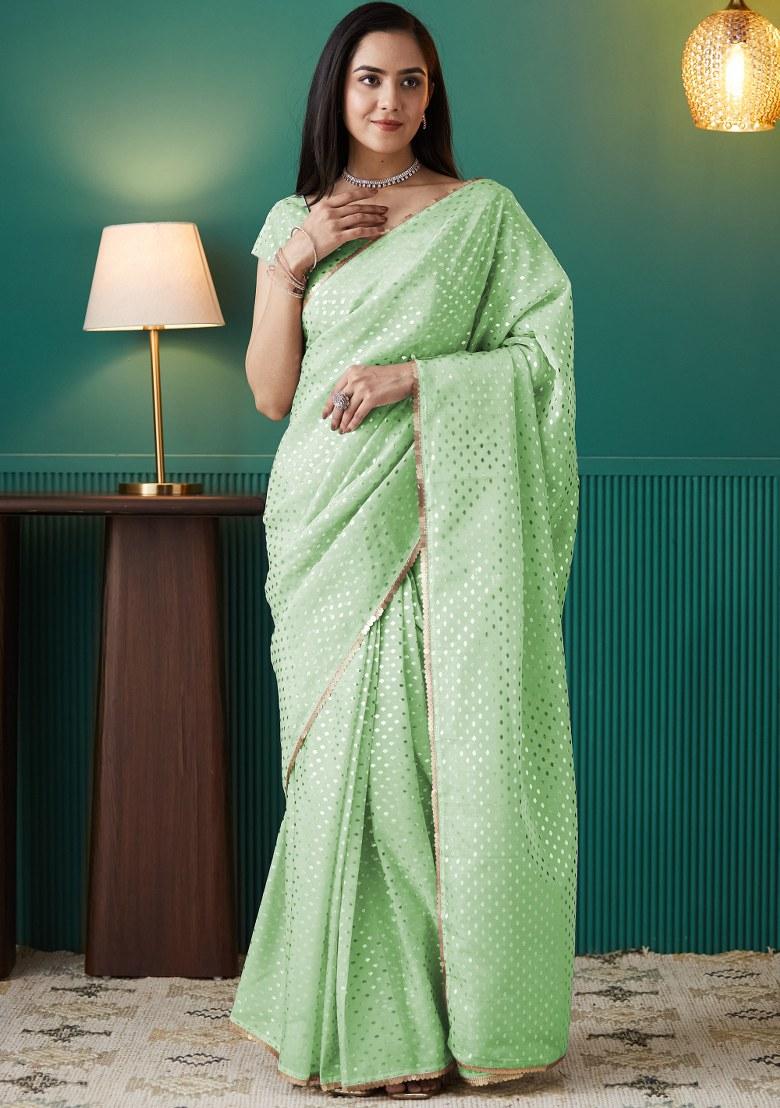 Green Printed Organza Saree Set