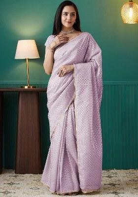 Purple Printed Organza Saree Set