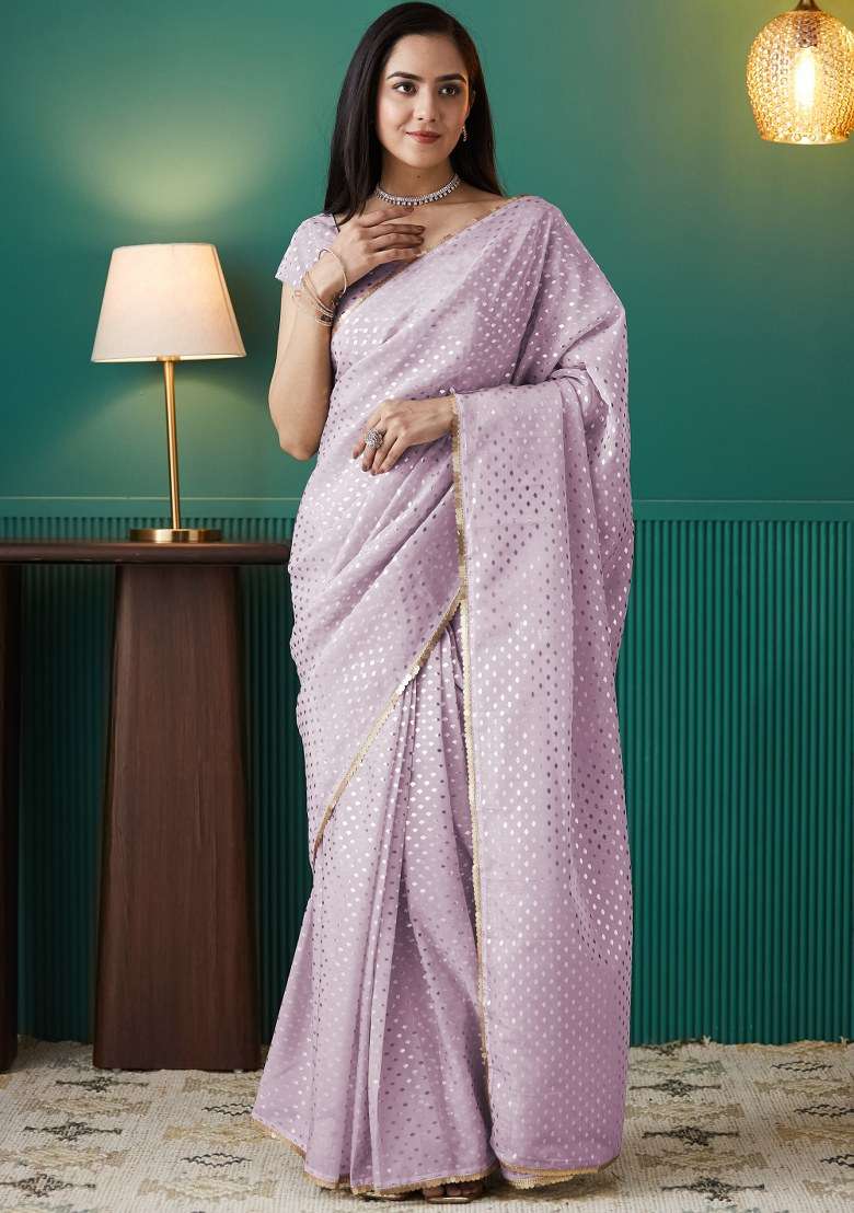 Purple Printed Organza Saree Set - Indya
