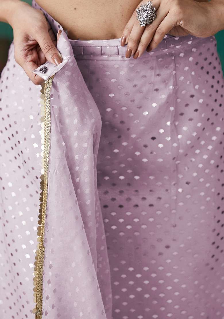 Purple Printed Organza Saree Set - Indya