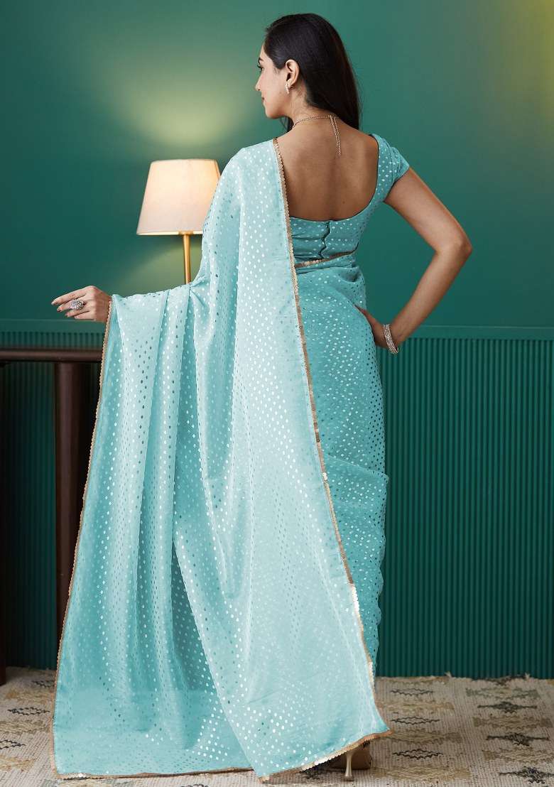 Blue Printed Organza Saree Set - Indya