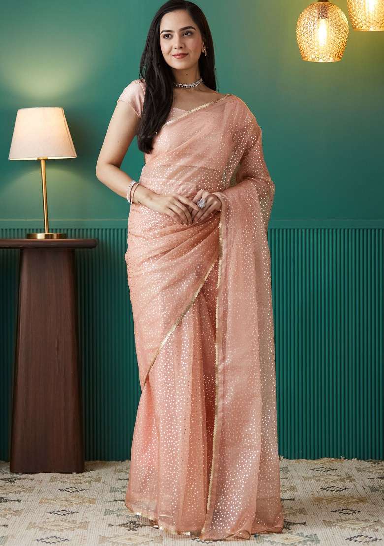 Peach Printed Organza Saree Set - Indya