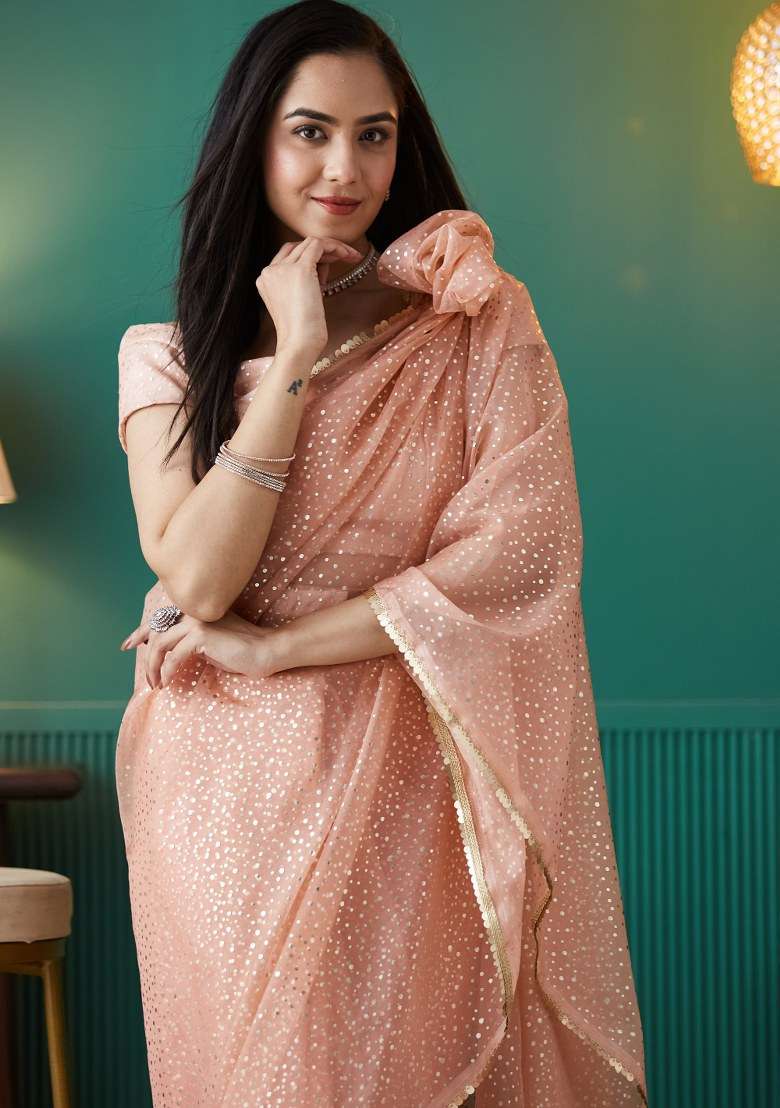 Peach Printed Organza Saree Set - Indya