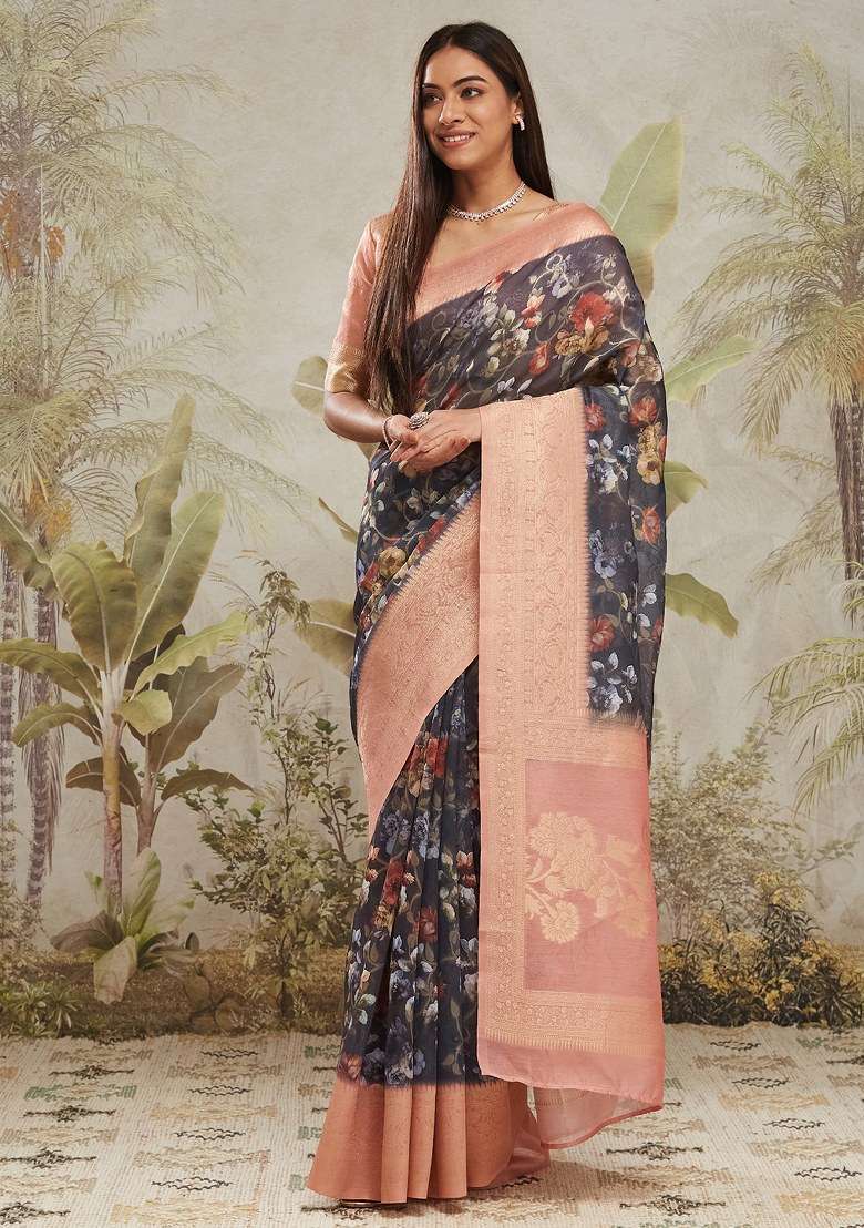 Blue Printed Silk Saree Set - Indya