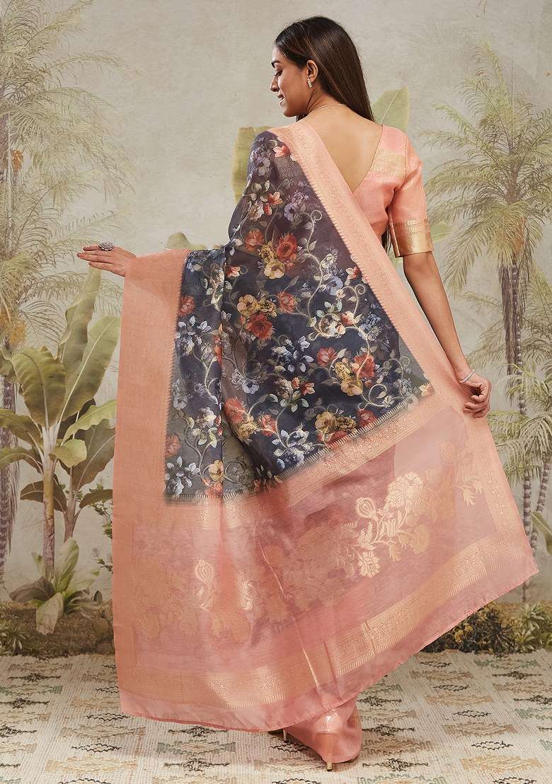 Blue Printed Silk Saree Set - Indya