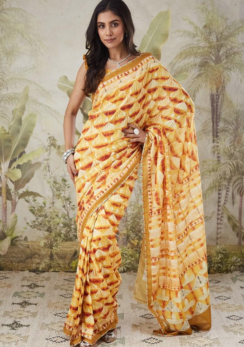 Yellow Printed Muslin Saree Set