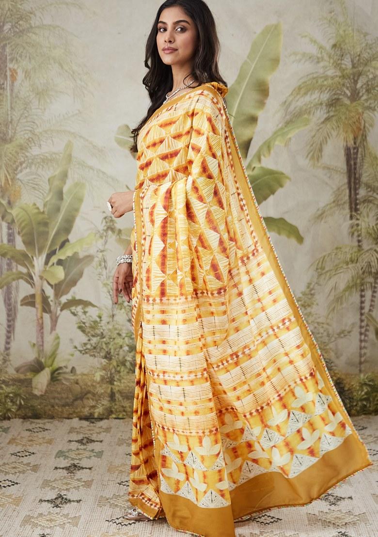 Yellow Printed Muslin Saree Set