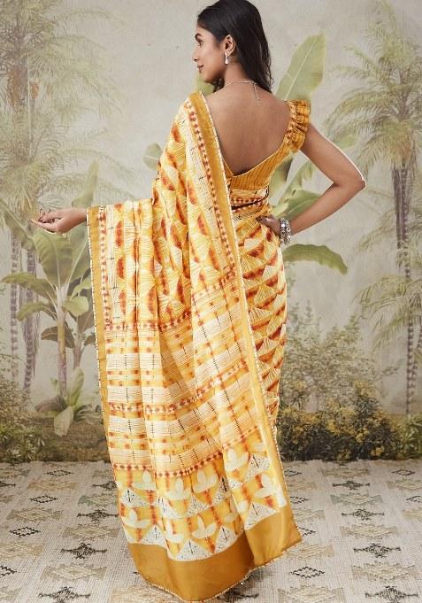 Yellow Printed Muslin Saree Set