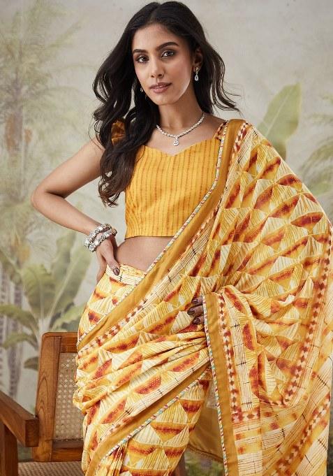 Yellow Printed Muslin Saree Set