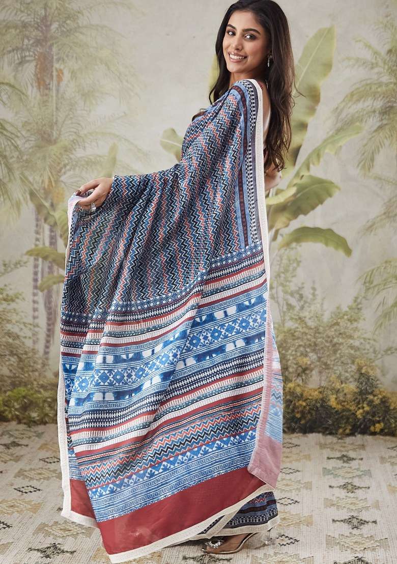 Multi Printed Muslin Saree Set - Indya