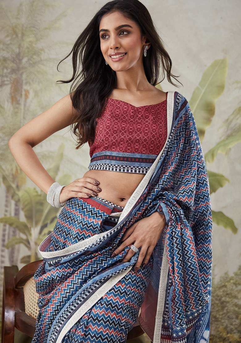 Multi Printed Muslin Saree Set - Indya