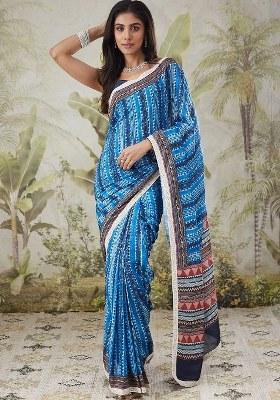Blue Printed Muslin Saree Set
