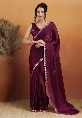 Wine Embroidered Satin Saree Set