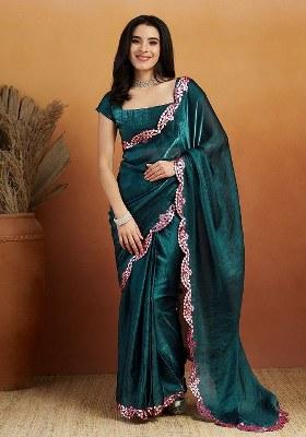 Blue Embroidered Satin Saree Set