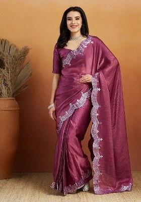 Purple Embroidered Satin Saree Set