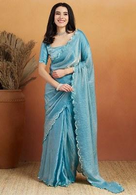 Blue Embroidered Satin Saree Set