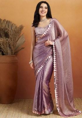 Purple Embroidered Satin Saree Set