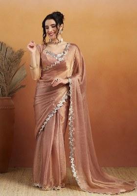 Peach Embroidered Satin Saree Set
