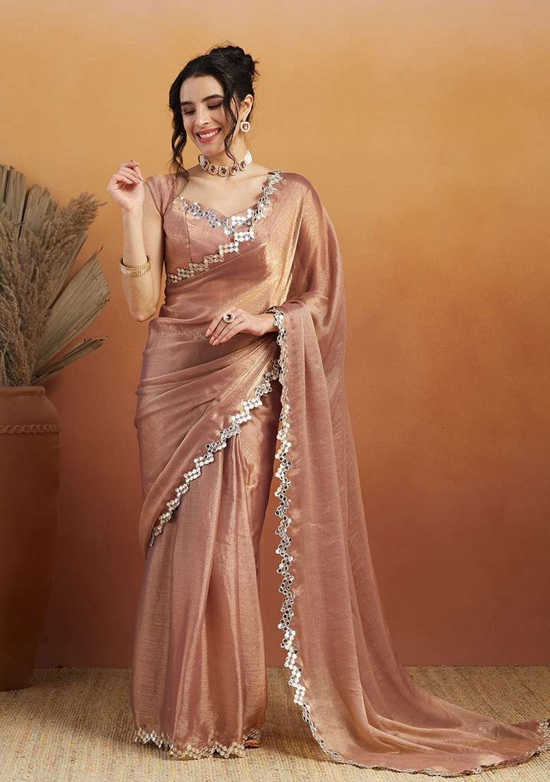 Peach Embroidered Satin Saree Set - Indya