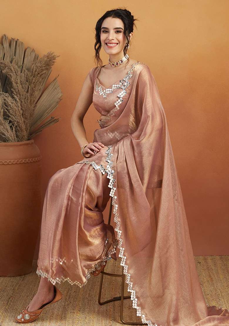 Peach Embroidered Satin Saree Set - Indya