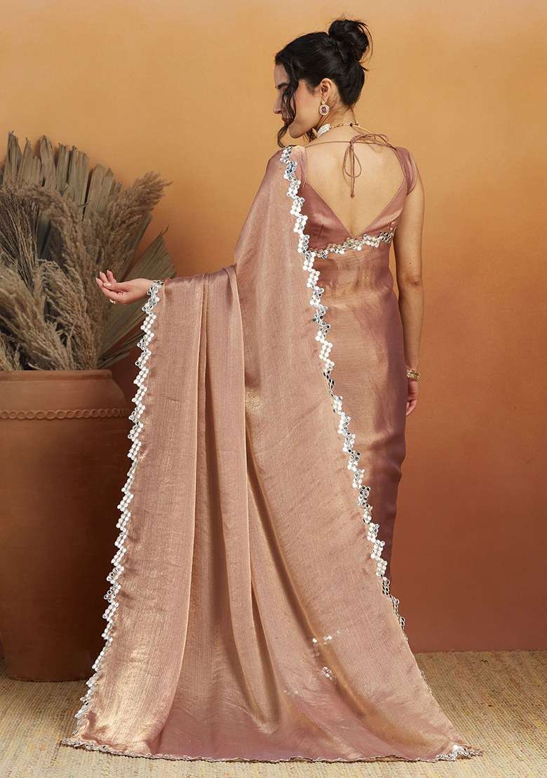 Peach Embroidered Satin Saree Set - Indya