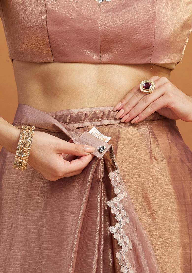 Peach Embroidered Satin Saree Set - Indya