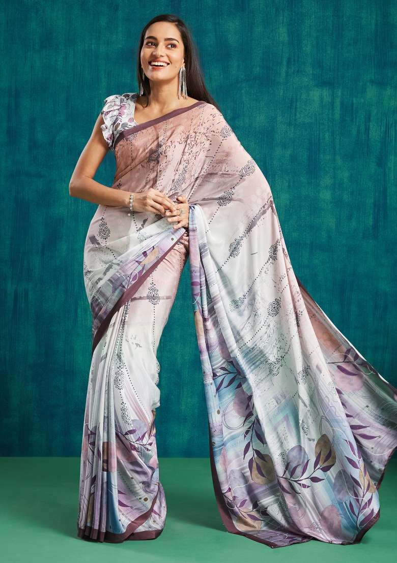 Wine Printed Silk Saree Set - Indya