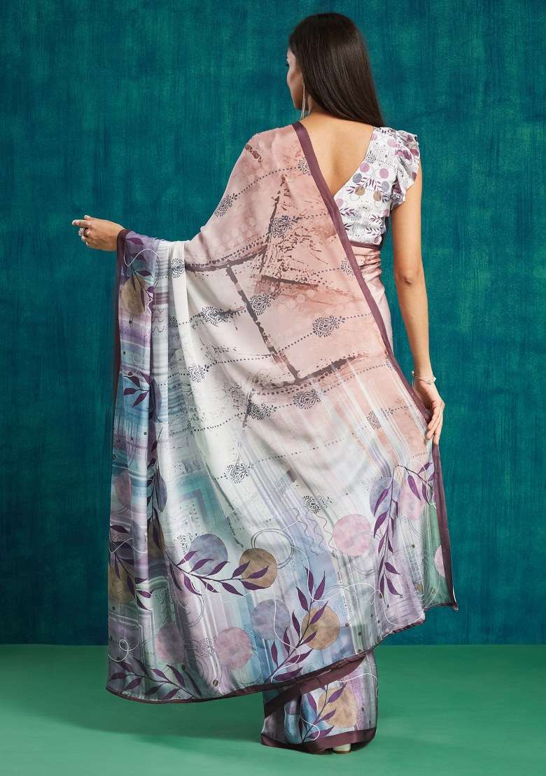 Wine Printed Silk Saree Set - Indya