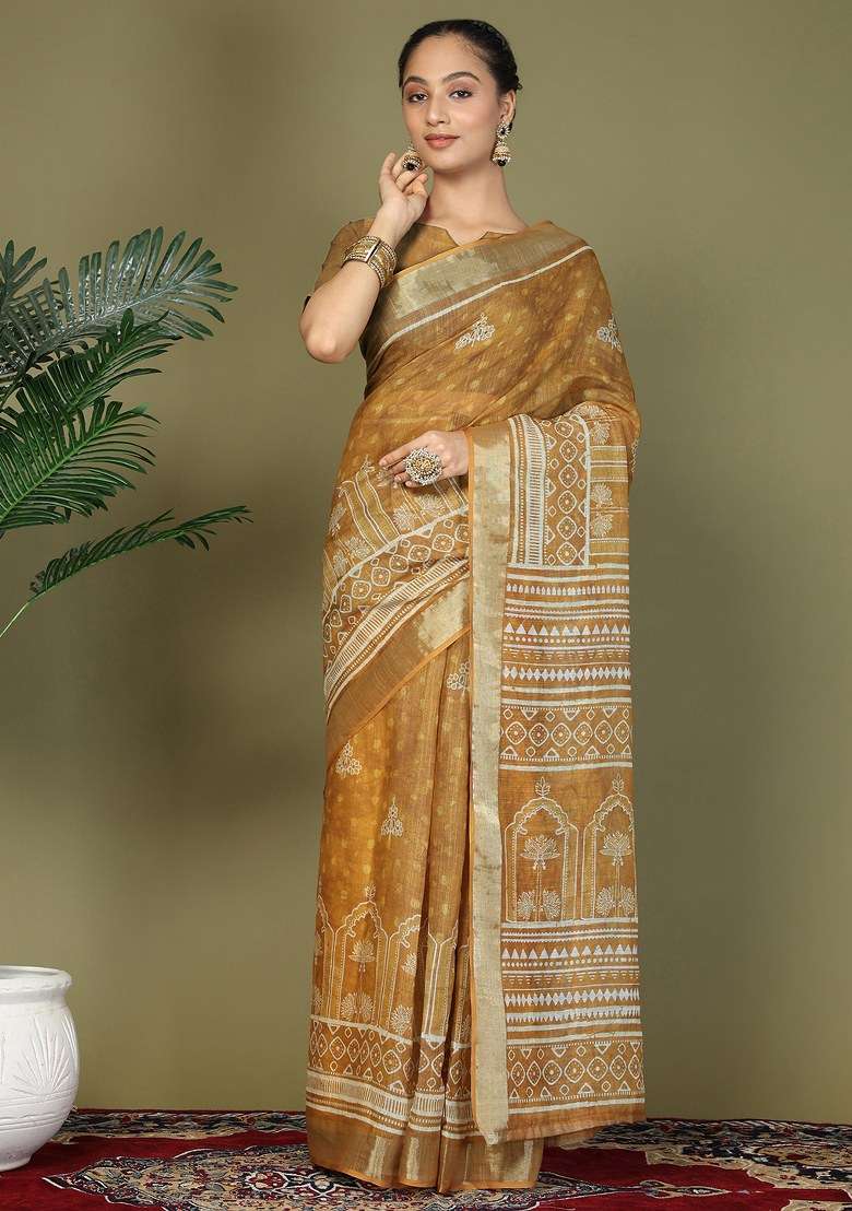 Yellow Printed Cotton Saree Set - Indya